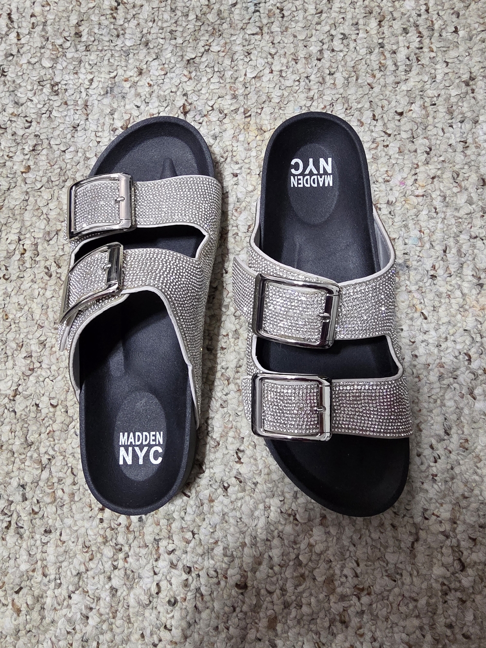 Madden Girl Silver Rhinestone Dual-Buckle Slide Sandals Size 9